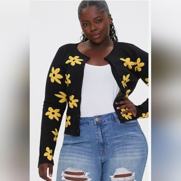 🇬🇪🔹️Forever 21 Black w/Yellow Daisies Knit Long Sleeve Sweater Large - Picture 2 of 9